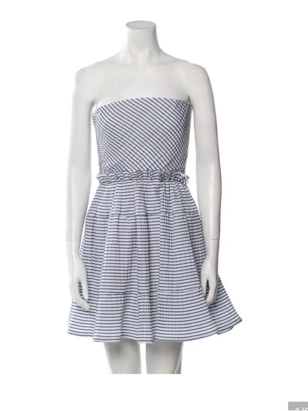 ALEXIS striped mini dress strapless shirred waist and pleated skirt